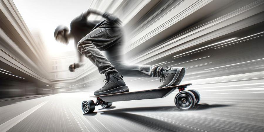 Rider Skate eléctrico en movimiento, con enfoque en la velocidad y la libertad de movimiento de las ruedas eléctricas