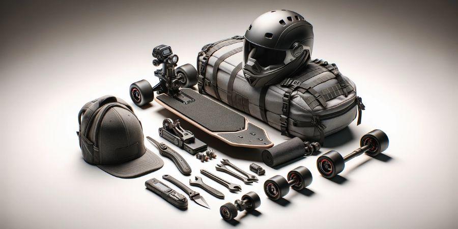 Selección de accesorios para skate eléctrico, como casco, mochila y herramientas