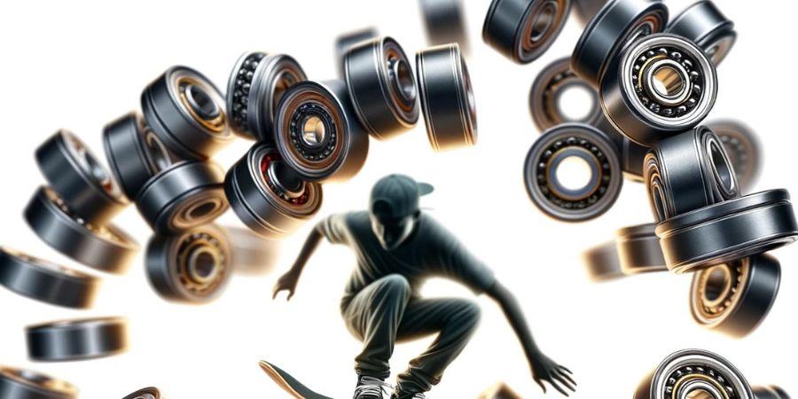 Rodamientos de skate dispuestos artísticamente, con un skater en movimiento borroso en el fondo, sugiere velocidad y suavidad.